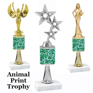 Animal Print theme trophy with Numerous trophy heights available.  Choice of figure.  Animal Stem Trophy
