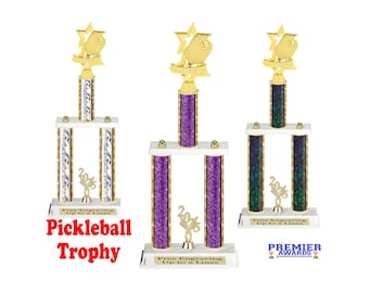 Pickleball 2-column trophy with choice of color. Available in 3 trophy heights.  A special award for that special event or pickleball player