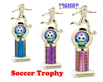 Female Soccer trophy with choice of column color.  Numerous trophy heights available.