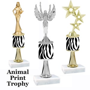 Animal Print theme trophy with Numerous trophy heights available.  Choice of figure.  Animal Stem Trophy