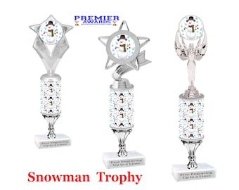 Snowman theme trophy with choice of  figure. 12" tall - great trophy for all of your holiday contests and events.