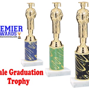 Graduation trophy.  Male graduate with choice of column color.  Numerous trophy heights available