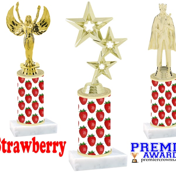 Strawberry theme trophy with choice of figure.   Numerous trophy heights available