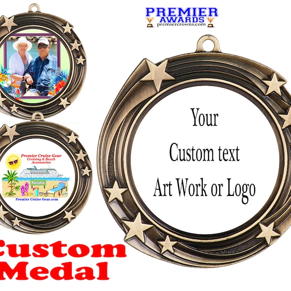 Custom Medal. Add your custom text, logo or art work for a custom medal. Gold medal finish. Includes free neck ribbon and engraving