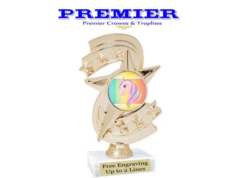 Unicorn theme trophy 6 tall trophy with unicorn art work.