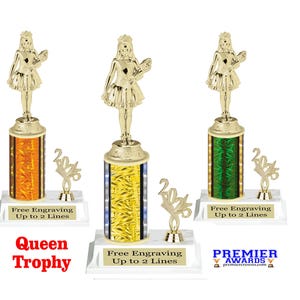 Queen trophy.  Great for your pageants, contests and your favorite queen! Choice of color and trophy height. With current year