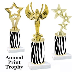 Animal Print trophy with choice of figure.  Numerous trophy heights available. Go a little &quot;wild&quot; at your next event!