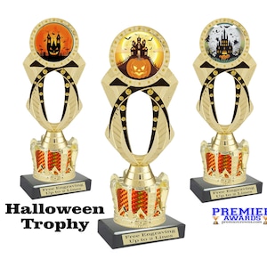 Halloween trophy.  Choice of 9 designs. Great for costume contests, pumpkin carving and more. 8&quot; tall.
