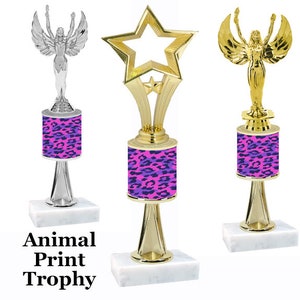 Animal Print theme trophy with Numerous trophy heights available.  Choice of figure.  Animal Stem Trophy