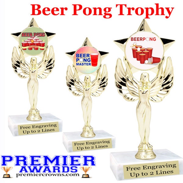 Beer Pong Trophäe 15 cm hoch mit 3 Designs zur Auswahl. Tolle Trophäe für deinen nächsten Spieleabend und Beer Pong Spiel!