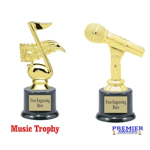 Music trophy.  6" tall.  Great for karaoke, music competitions, school awards and more...  Select microphone or music note figure