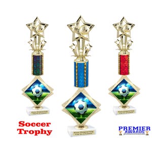 Soccer trophy with choice of column color.  16&quot; tall. Great for your soccer team, player and coaches.