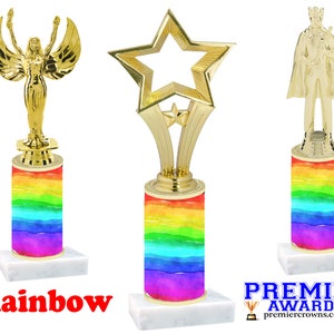 Rainbow design trophy with choice of figure.   Numerous trophy heights available.  Unique award for any event!