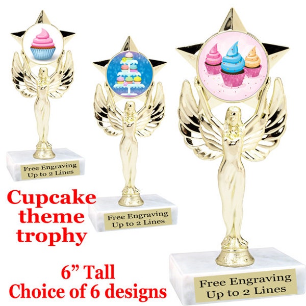 Cupcake theme trophy.  Choice of 8 designs and includes free engraved name plate.  Gold Victory 7517