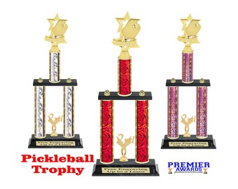 Pickleball 2-column trophy with choice of color. Available in 3 trophy heights.  A special award for that special event or pickleball player
