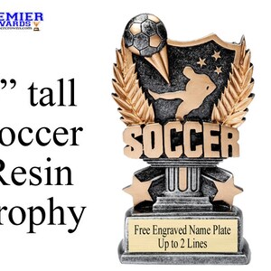 Soccer Resin Trophy.  6" tall with free engraved name plate.  Great award for your team, leagues, schools and rec departments