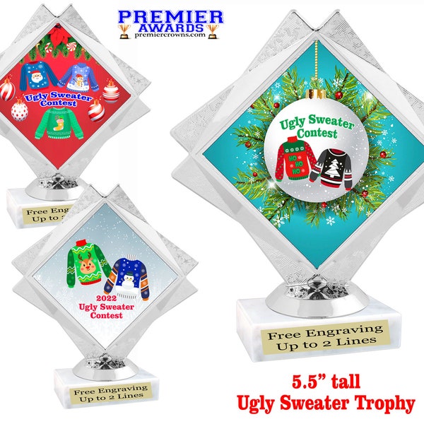 Ugly Sweater themed trophy. 5.5" tall  Great trophy for your Holiday events and parties.