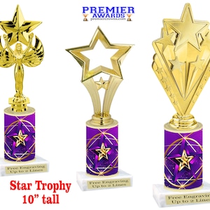 Star column trophy with choice of figure. Great trophy for any event, competition, party, parade, pageant and more! 10 inches tall