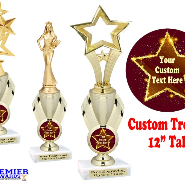 Custom  Trophy.  12" tall  Great trophy for any event, competition, pageant, contest and more.  Custom with your text!