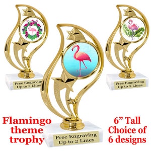 Flamingo theme trophy.  6&quot; tall trophy with choice of flamingo art work.  90126