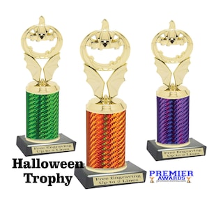 Halloween trophy.  Great for costume contests, pumpkin carving contests, office parties, and more.  Choice of trophy height and column color