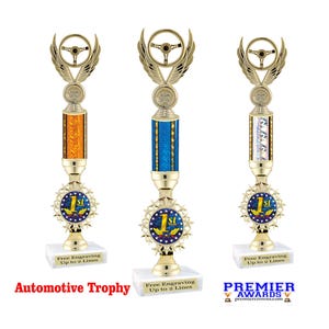 Automotive theme trophy.  Great for car shows, racing, mechanics and the car guy in your life. Choice of color and height. 1st