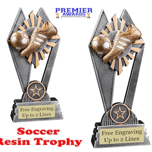Soccer Resin Trophy.  Available in 2 sizes.  Great award for your soccer team, schools, or just for your favorite player!