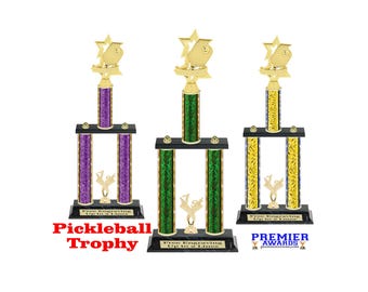 Pickleball 2-column trophy with choice of color. Available in 3 trophy heights.  A special award for that special event or pickleball player