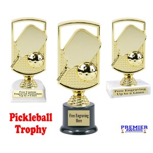 Pickleball trophy.  Great award for sports leagues, recreational departments, schools, and more.  6" to 8" tall with choice of base.