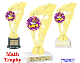 Math trophy for your outstanding students.  7.5" to 9.5" tall with choice of base.  Celebrate their achievement with this beautiful trophy
