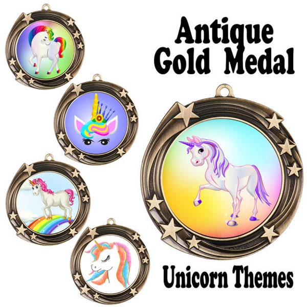 Antique Gold  Medal with choice of Unicorn insert.  Includes free neck ribbon and engraving.