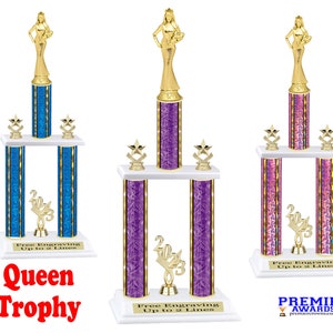 May include: A gold queen trophy with a two-tiered base. The base is decorated with a blue, purple, or pink iridescent pattern. The top tier features a gold female figure holding a crown and a bouquet of flowers. The trophy includes the text "Free Engraving Up to 2 Lines".