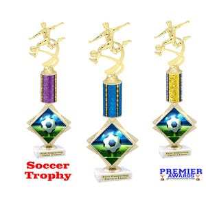 Male Soccer trophy with choice of column color.  16&quot; tall. Great for your soccer team, player and coaches.