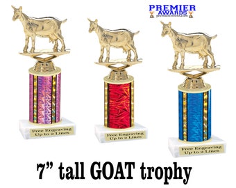 GOAT trophy.  7" tall with choice of column color.  Great trophy for the GOAT on your team or in your life.  G.O.A.T. trophy