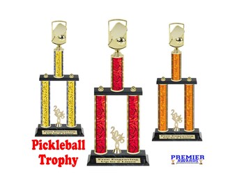 Pickleball 2-column trophy with choice of color. Available in 3 trophy heights.  A special award for that special event or pickleball player