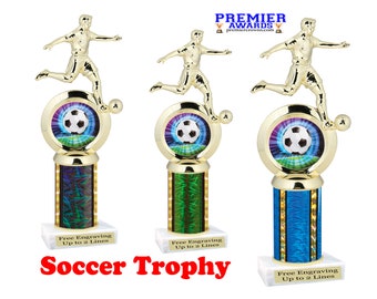Male Soccer trophy with choice of column color.  Numerous trophy heights available.
