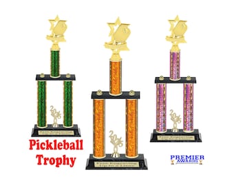 Pickleball 2-column trophy with choice of color. Available in 3 trophy heights.  A special award for that special event or pickleball player