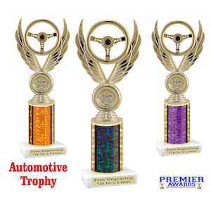 Automotive theme trophy.  Great for car shows, racing, mechanics and the car guy in your life. Choice of color and height