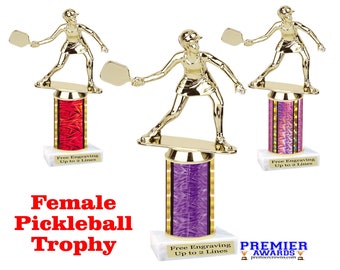 Female Pickleball trophy.  Great award for your team, rec departments and more.  Numerous trophy heights available