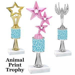 Animal Print theme trophy with Numerous trophy heights available.  Choice of figure.  Animal Stem Trophy