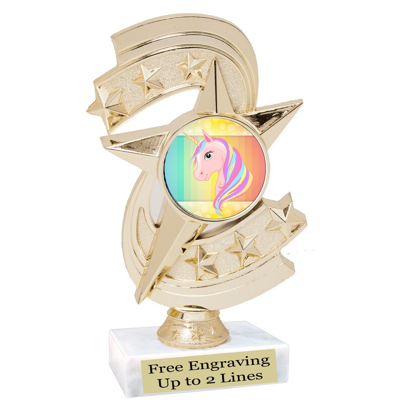 Unicorn theme trophy 6 tall trophy with unicorn art work.
