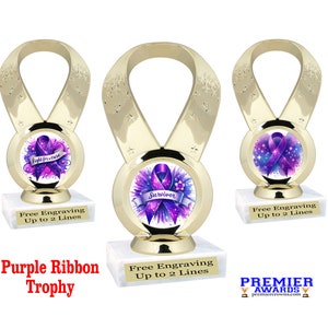 Purple Awareness Ribbon Trophy.  6&quot; tall trophy.  Choice of 4 designs