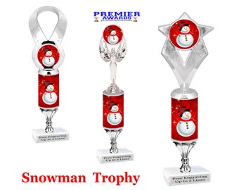 Snowman theme trophy with choice of  figure. 12" tall - great trophy for all of your holiday contests and events.