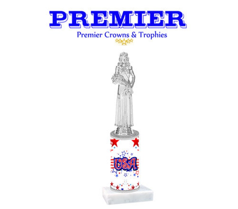 Numerous trophy heights available USA theme trophy with Silver Queen on USA design column