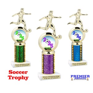Male Soccer trophy for your soccer teams, schools, rec departments or your favorite soccer player.  Choice of design and trophy height