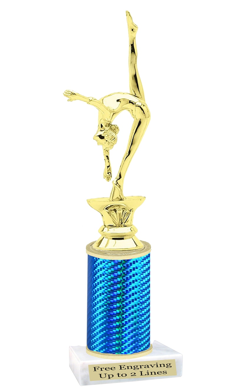 May include: Gold-colored trophy with a gymnast figurine on top. The base is a blue and green cylinder with a white base. The base has the text "Free Engraving Up to 2 Lines".