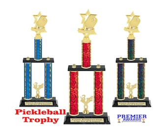 Pickleball 2-column trophy with choice of color. Available in 3 trophy heights.  A special award for that special event or pickleball player