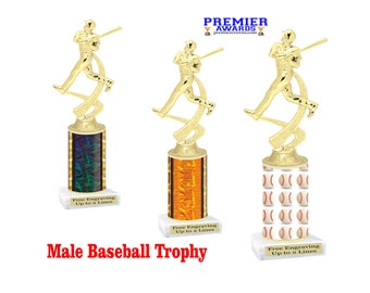 May include: Three gold baseball trophies with different colored bases. The bases are a dark blue and green pattern, an orange and black pattern, and a white base with a red baseball pattern. Each trophy has a gold baseball player figurine on top. The text on the base reads "Free Engraving Up to 2 Lines".  Male Baseball Trophy.