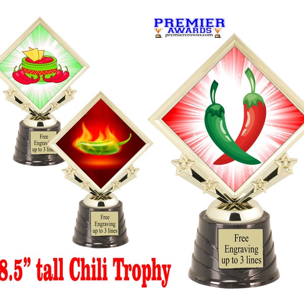 Chili trophy.  8.5" tall with choice of art work.  Great trophy for Chili cook off events, salsa contests, or just for your favorite chef