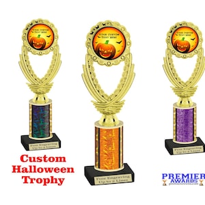 Custom Halloween  trophy.  Great for costume contest, pumpkin carving contests, office parties, and more.  Choice of color and trophy height